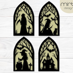 May include: Four black laser-cut Halloween decorations in arched frames. The designs include a Grim Reaper, a witch with a cat, a witch stirring a cauldron, and a haunted house. The brand name "mirta designs" is in the upper right corner.