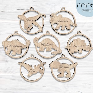 dinosaure Noël ornement svg, fichier découpé au laser, svg ornement de Noël, fichier svg glowforge, svg ornement de dinosaure personnalisé, décor de dinosaure