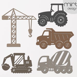 May include: A selection of construction vehicle silhouettes in shades of brown and grey. The image includes a crane, tractor, dump truck, excavator, and cement mixer. The "mirta designs" logo is in the upper right corner.