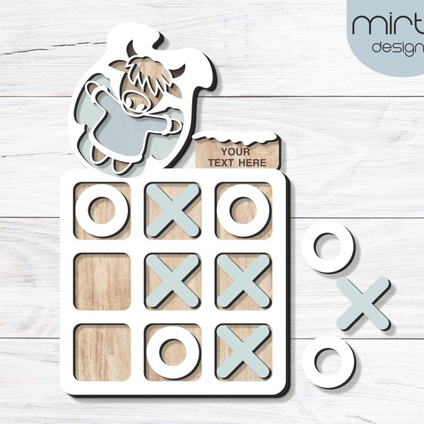 christmas tic tac toe laser cut file svg, highland cow baby game svg, christmas laser svg, christmas kids gift svg