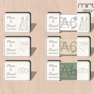 May include: Wedding invitation cards with the names Olivia & Daniel and the date 24.05.2025. The cards feature line drawings of a bride and groom, a kissing couple, and wedding rings. The brand name "mirta designs" is visible.