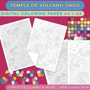 火山オアシスの塗り絵：大人向けの印刷可能なアート（PDF + PNG）