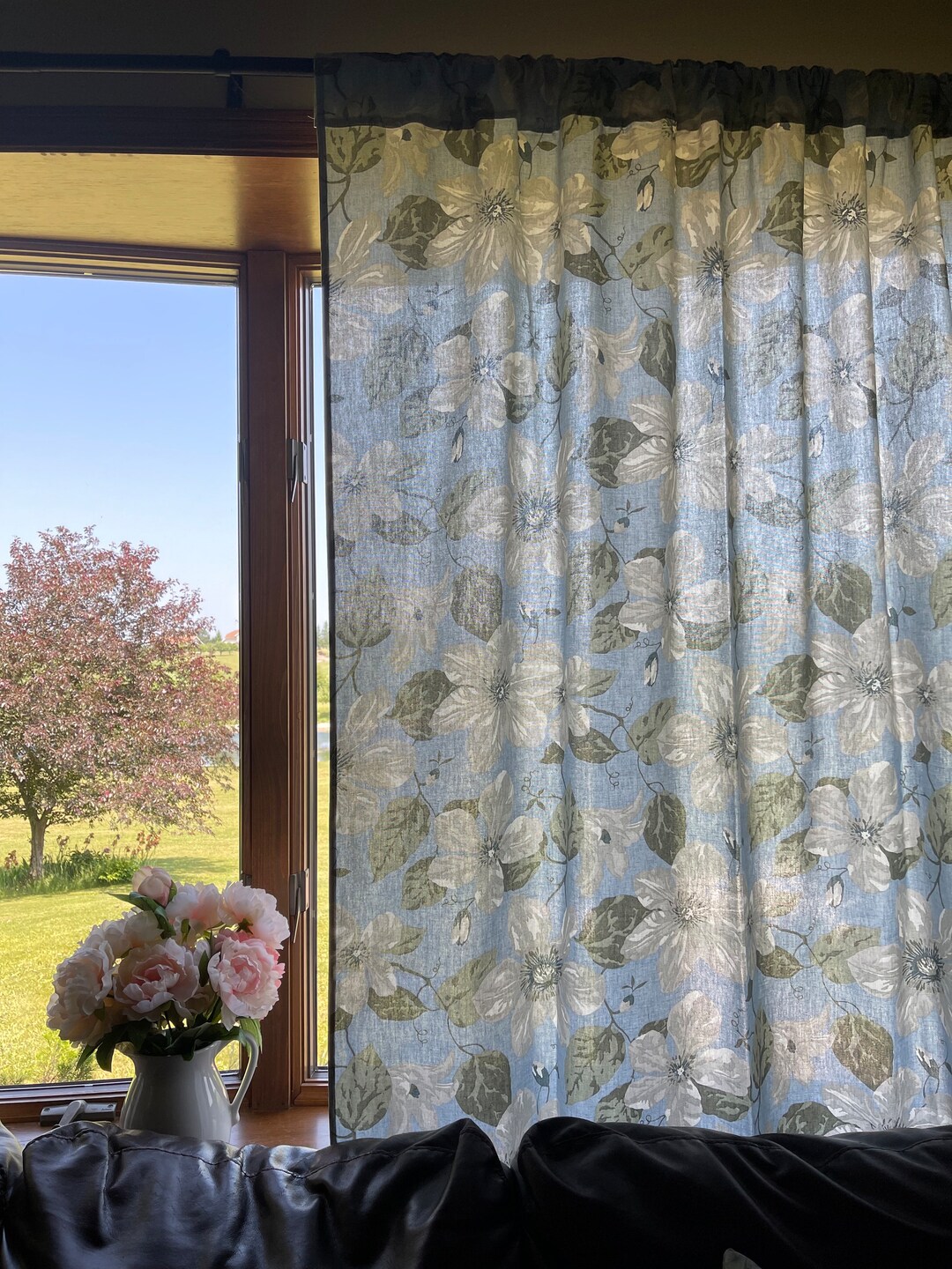 Blue Floral Living Room Curtains. Window Treatments for Kitchen or
