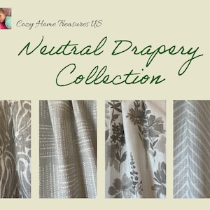 May include: Four different neutral colored fabric swatches for curtains or drapery. The fabrics feature a variety of patterns including a damask, a geometric pattern, a floral print, and a herringbone pattern.