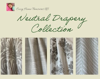 May include: Four different neutral colored fabric swatches for curtains or drapery. The fabrics feature a variety of patterns including a damask, a geometric pattern, a floral print, and a herringbone pattern.