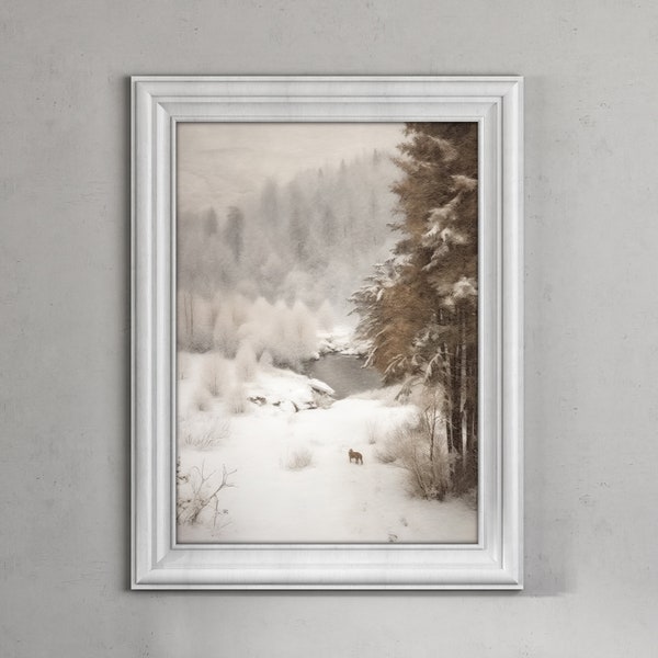 Winter Landscape Oil Painting  | Vintage Printable Wall Art | Antique Farmhouse Artwork | Digital Download | Winter Scenery