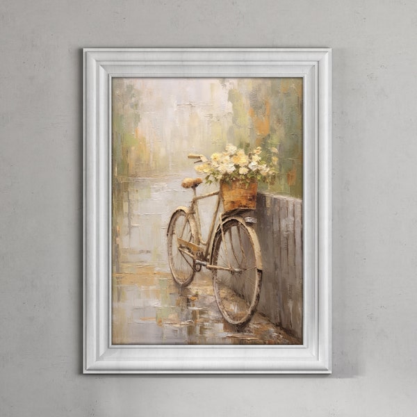 Vintage Bicycle with Flowers Oil Painting Wall Art Print Beige Green Abstract Bicycle Painting for Vintage House Bicycle Printable Decor