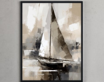 Muted Beige and Gray Sailboat Print | Vintage Nautical Oil Painting | Antique Farmhouse Artwork | Digital Download | Neutral Seascape Art