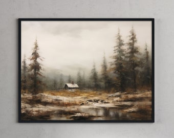 Old House in Pine Trees Muted Vintage Oil Painting | Printable Wall Art | Antique Farmhouse Decor | Digital Download | Mountain House Decor