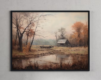 Old House in Woods Muted Vintage Oil Painting | Landscape Printable Wall Art | Antique Farmhouse Decor | Digital Download | Cottage Decor