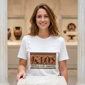 May include: A white short-sleeved t-shirt featuring a rectangular graphic in terracotta and black. The design depicts stylized soccer players in an ancient Greek pottery style, with the text "WORLD CUP MMXXVI" printed at the bottom.