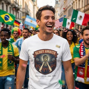 T-shirt met nationale kleuren en de trofee van het WK voetbal 2026, retro shirt, kleding met landelijke trots.