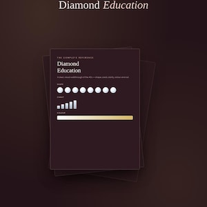 May include: A dark brown digital guide titled The Complete Reference Diamond Education. The document features a visual walkthrough of the 4Cs including shape, carat, clarity, color, and cut, with icons for shape, a bar chart for carat, and a color gradient.