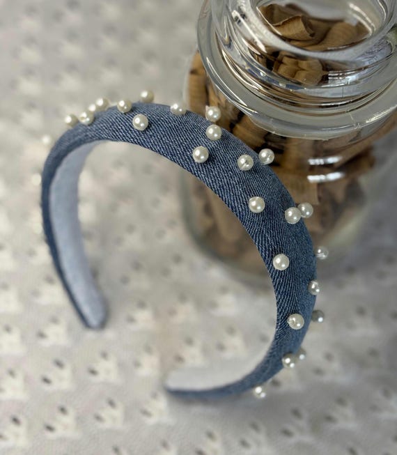Light Denim Pearl Embellished Headband Light denim crystal pearl knot headband fascinator – House  main image 4