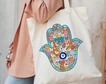 Hamsa Tote Bag, Chai Hamsa Katoenen Canvas Tote, Zegenwoorden in Hebreeuwse Tote, Boho Flowers Tote, esthetische tas, judaica Gift, Joodse geschenken.