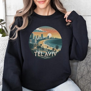 Tel Aviv Sunrise Sweatshirt, Vintage City Skyline Unisex Crewneck, Jewish Israeli Gift Apparel, Retro Style Heritage Streetwear