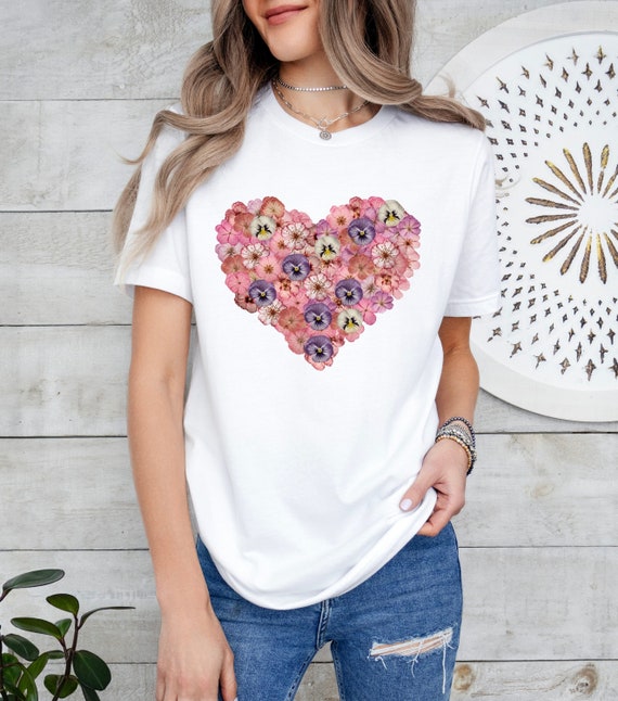 Pressed Wildflower Shirt, Heart-shaped Floral Tshirt, Boho