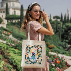 Hamsa Schutz Baumwolle Canvas Einkaufstasche, Böser Blick Einkaufstasche, Altpapier Original Hamsa, Ästhetische Einkaufstasche, Kunst Geschenk, Geschenk für Sie