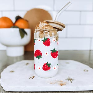Strawberry glass cup, Strawberries and flowers Glass Can, Iced Coffee Cup, Reusable Tumbler, Gift ideas