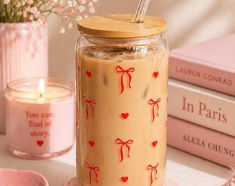 Glass Iced Coffee Cup With Bamboo Lid and Straw - Cherry Ribbon Design ...