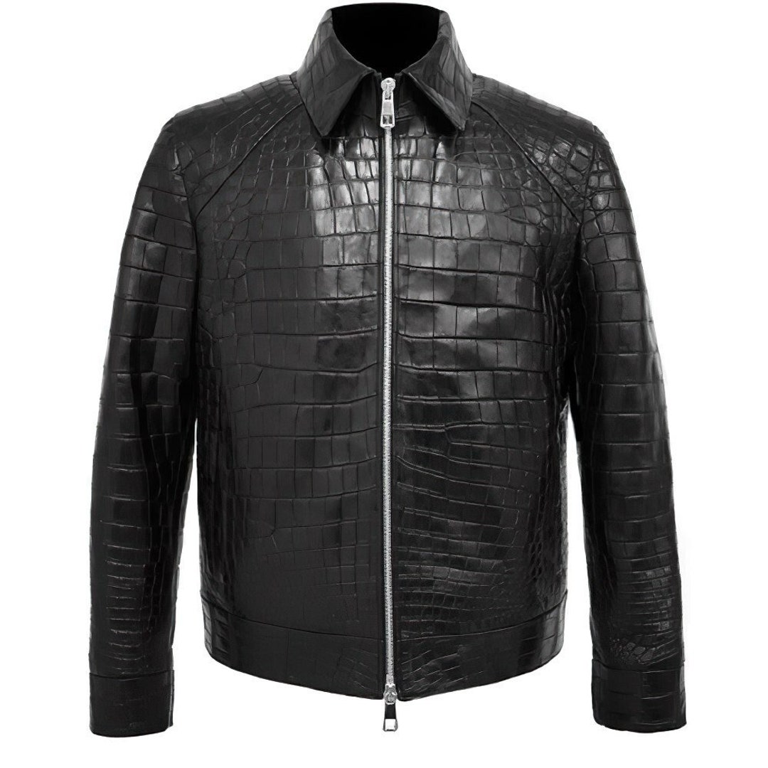 Black Alligator Leather Jacket for Men's Cow-skin Crocodile Embossed ...