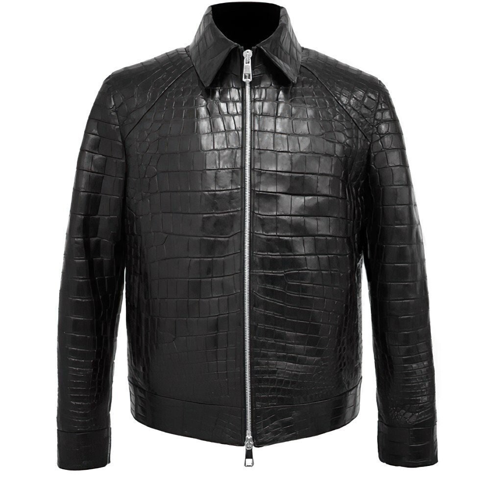 Black Alligator Leather Jacket for Men's Cow-skin Crocodile Embossed ...