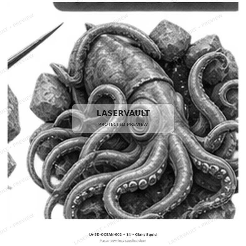 Op de afbeelding: Een monochroom 3D-reli&euml;fsculptuur van een reuzeninktvis met gedetailleerde tentakels en zuignappen, omringd door getextureerde rotsachtige formaties. De centrale figuur heeft een opvallend oog en mantel, met de tekst LASERVAULT PROTECTED PREVIEW.