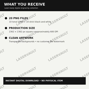 Op de afbeelding: Een digitale productinformatiegrafiek getiteld WHAT YOU RECEIVE, met een lijst van 20 PNG-bestanden, waaronder 10 tonale grijze en 10 zwart-wit bestanden. Het specificeert een productieformaat van 2362 x 2362 px bij 600 DPI en transparante achtergronden.