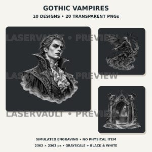 Puede incluir: Una colección digital titulada GOTHIC VAMPIRES con 10 diseños y 20 archivos PNG transparentes. Las imágenes muestran ilustraciones en escala de grises de un vampiro con cuello de volantes, una figura alada entre humo y un arco de piedra.
