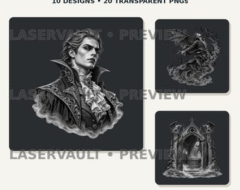 May include: A digital collection titled GOTHIC VAMPIRES featuring 10 designs and 20 transparent PNGs. The images display grayscale illustrations of a vampire in a ruffled collar, a winged figure in smoke, and a stone archway with gargoyles.