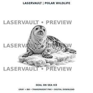 Op de afbeelding: Een zwart-witte digitale illustratie van een gevlekte zeehond die rust op een blok zee-ijs. De afbeelding bevat de tekst LASERVAULT | POLAR WILDLIFE bovenaan, LASERVAULT &bull; PREVIEW herhaald in het midden en SEAL ON SEA ICE onderaan.
