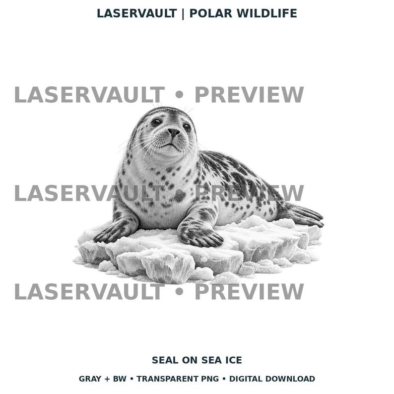 Op de afbeelding: Een zwart-witte digitale illustratie van een gevlekte zeehond die rust op een blok zee-ijs. De afbeelding bevat de tekst LASERVAULT | POLAR WILDLIFE bovenaan, LASERVAULT &bull; PREVIEW herhaald in het midden en SEAL ON SEA ICE onderaan.