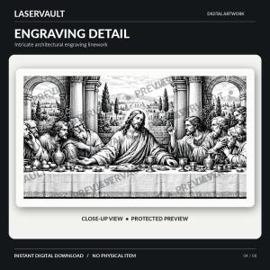 Puede incluir: Una obra de arte digital en blanco y negro titulada LASERVAULT ENGRAVING DETAIL que muestra una representaci&oacute;n detallada de la &Uacute;ltima Cena. La escena muestra figuras sentadas a una mesa larga con arcos arquitect&oacute;nicos. La imagen incluye el texto PREVIEW.