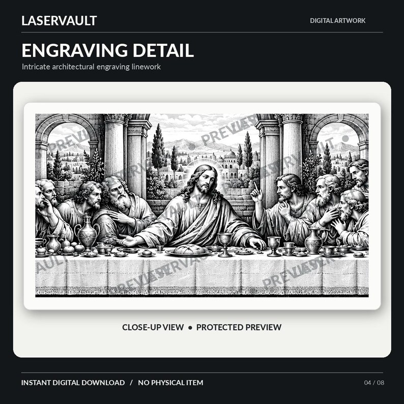 Puede incluir: Una obra de arte digital en blanco y negro titulada LASERVAULT ENGRAVING DETAIL que muestra una representaci&oacute;n detallada de la &Uacute;ltima Cena. La escena muestra figuras sentadas a una mesa larga con arcos arquitect&oacute;nicos. La imagen incluye el texto PREVIEW.