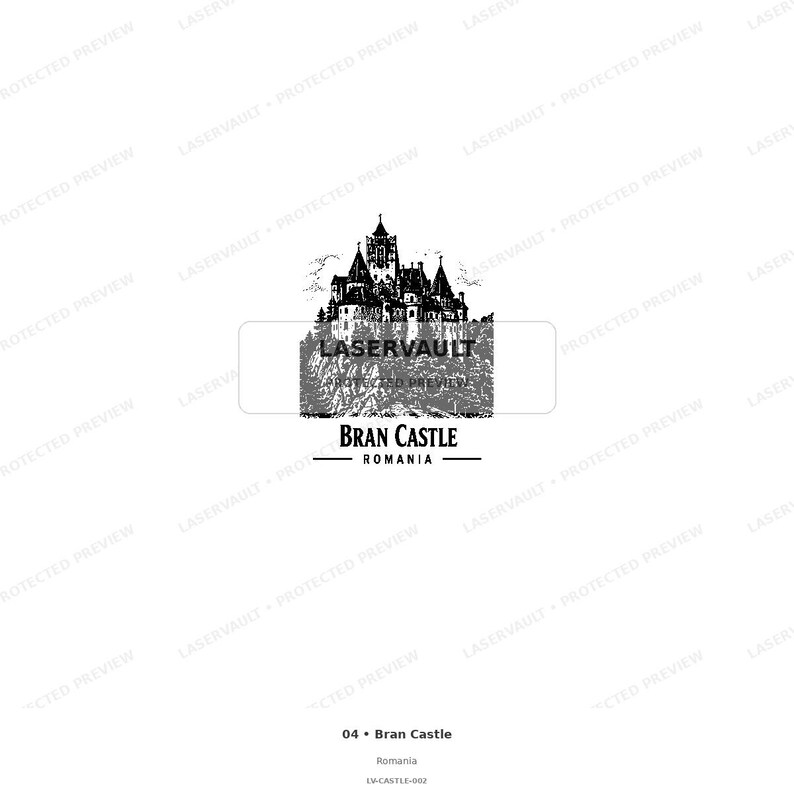 Puede incluir: Una ilustraci&oacute;n gr&aacute;fica en blanco y negro del Castillo de Bran en Ruman&iacute;a, con torres arquitect&oacute;nicas detalladas y muros de piedra sobre un acantilado. El texto LASERVAULT PROTECTED PREVIEW est&aacute; superpuesto, con BRAN CASTLE ROMANIA debajo.