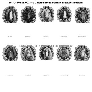 May include: A collection of ten black and white 3D horse breed portrait breakout illusions labelled LV-3D-HORSE-002. Each graphic depicts a horse head emerging from a cracked stone wall, including breeds like Shire, Friesian, Arabian, and Shetland Pony.