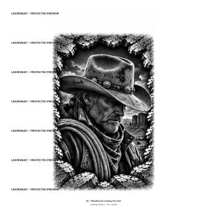 Puede incluir: Una ilustraci&oacute;n digital en blanco y negro de un vaquero curtido con un sombrero de ala ancha, un pa&ntilde;uelo y una chaqueta con una cuerda enrollada sobre el hombro. El retrato est&aacute; enmarcado por un borde de piedra texturizada.