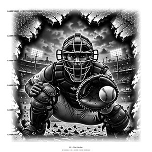 May include: A black and white digital illustration of a baseball catcher in full gear, including a face mask, chest protector, and shin guards, crouching behind home plate in a stadium with a baseball flying toward the catcher's mitt.