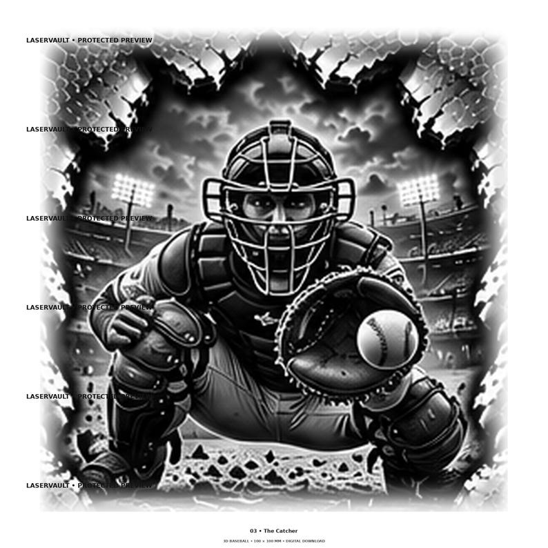 May include: A black and white digital illustration of a baseball catcher in full gear, including a face mask, chest protector, and shin guards, crouching behind home plate in a stadium with a baseball flying toward the catcher's mitt.