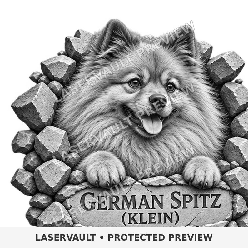 Op de afbeelding: Een zwart-wit grafische illustratie van een pluizige Duitse Spits die door een gebroken stenen muur kijkt. De hond rust met zijn poten op een stenen plaat onderaan met de tekst GERMAN SPITZ (KLEIN). De afbeelding bevat een watermerk.