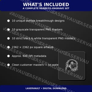 May include: A digital download set featuring 10 zombie breakthrough designs. Includes grayscale and black and white transparent PNG masters at 2362 x 2362 pixels with 600 DPI metadata. The text reads: WHAT'S INCLUDED A COMPLETE READY-TO-ENGRAVE SET.