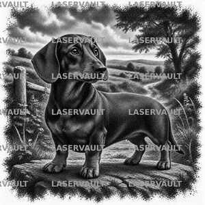 May include: A black and white illustration of a dachshund standing on a stone surface. The dog is positioned in the foreground with a landscape featuring a tree, a wooden fence post, and a cloudy sky in the background. The word LASERVAULT is repeated.
