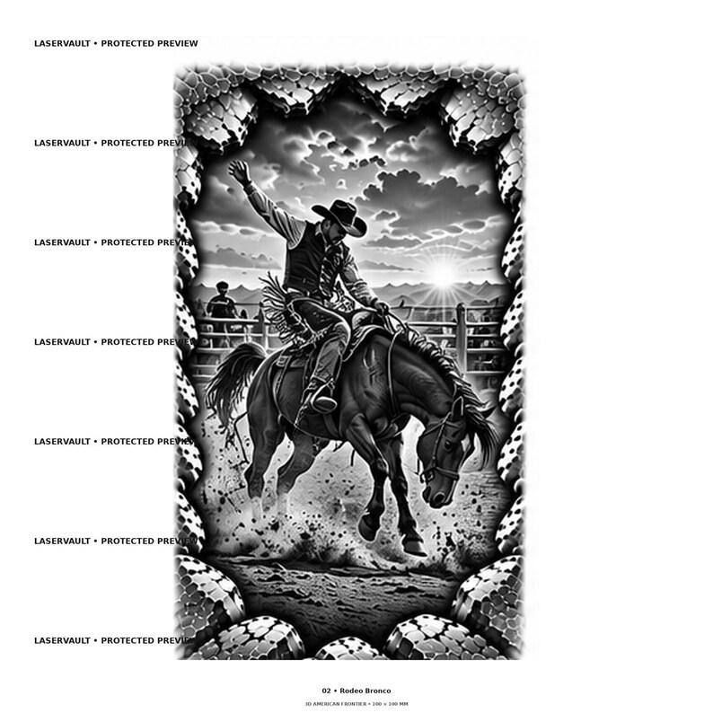 May include: A black and white graphic illustration featuring a cowboy riding a bucking horse in a rodeo arena. The scene is framed by a textured, stone-like border. The text "02 Rodeo Bronco" appears at the bottom, with "LASERVAULT PROTECTED PREVIEW" repeated along the left side.
