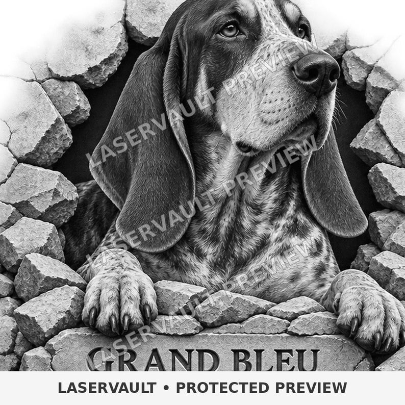 May include: A black and white graphic illustration of a Grand Bleu de Gascogne dog peering through a hole in a stone wall. The dog has long ears and a spotted coat. Below the dog, a stone plaque features the text GRAND BLEU in capital letters.