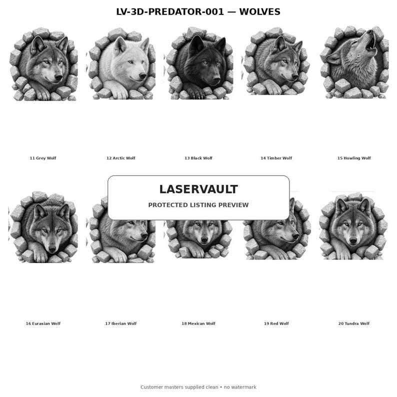 Op de afbeelding: Een verzameling van tien zwart-wit illustraties van wolven, elk komend uit een gat in een stenen muur. De tekst luidt LV-3D-PREDATOR-001 &mdash; WOLVES, LASERVAULT PROTECTED LISTING PREVIEW, met labels voor elk type wolf van 11 tot 20.