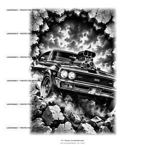 Może przedstawiać: Czarno-biała ilustracja graficzna samochodu typu muscle car z dużym silnikiem wystającym z maski, przebijającego się przez kamienny mur. Tekst LASERVAULT PROTECTED PREVIEW widnieje po lewej stronie, a poniżej 01 Muscle Car Breakthrough.