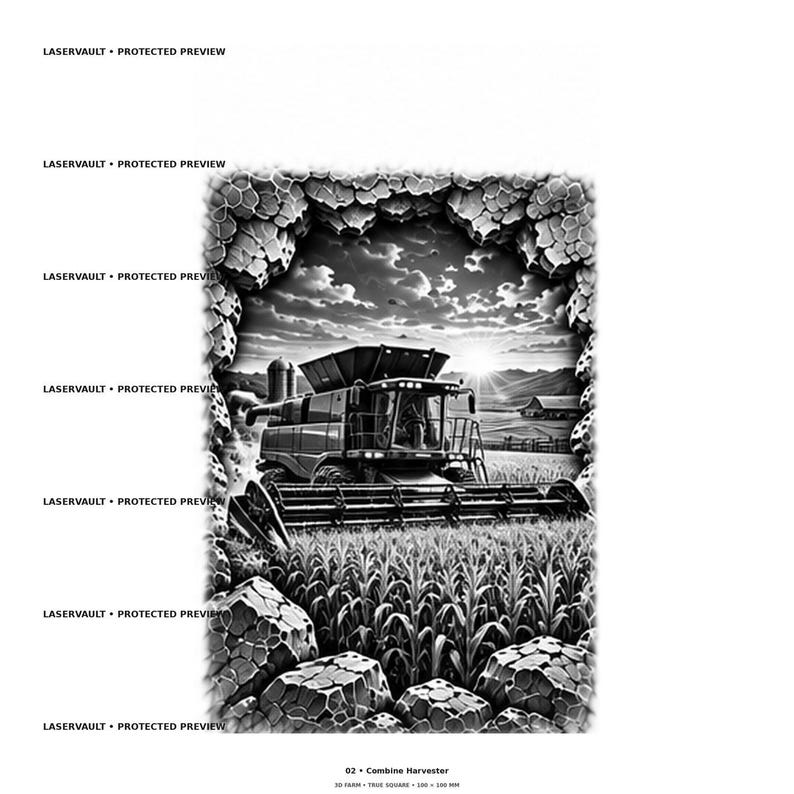 Pu&ograve; includere: Un'illustrazione grafica in bianco e nero di una mietitrebbia in un campo di mais al tramonto, incorniciata da un bordo in pietra strutturata. L'immagine include il testo ripetuto LASERVAULT PROTECTED PREVIEW e 02 Combine Harvester 3D FARM TRUE SQUARE 150 x 150 MM.