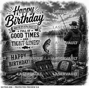 Puede incluir: Un diseño gráfico en blanco y negro que muestra a una persona pescando al atardecer con el texto Happy Birthday, Full of Good Times and Tight Lines, una caja de aparejos, una taza con Awesome Birthday, una gorra y una caja de regalo.