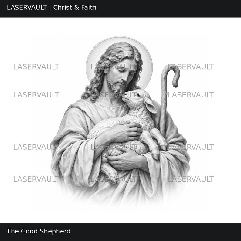 K&ouml;nnte beinhalten: Eine schwarz-wei&szlig;e Illustration mit dem Titel LASERVAULT | Christ & Faith, die eine langhaarige Figur mit Heiligenschein zeigt, die ein kleines Lamm h&auml;lt. Die Figur tr&auml;gt drapierte Gew&auml;nder und einen Hirtenstab. Der Text LASERVAULT erscheint.