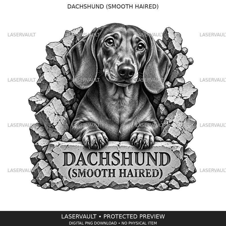 May include: A black and white graphic illustration of a smooth-haired dachshund peeking through a broken stone wall. The dog rests its front paws on a stone slab engraved with the text DACHSHUND (SMOOTH HAIRED) in a bold, serif font.